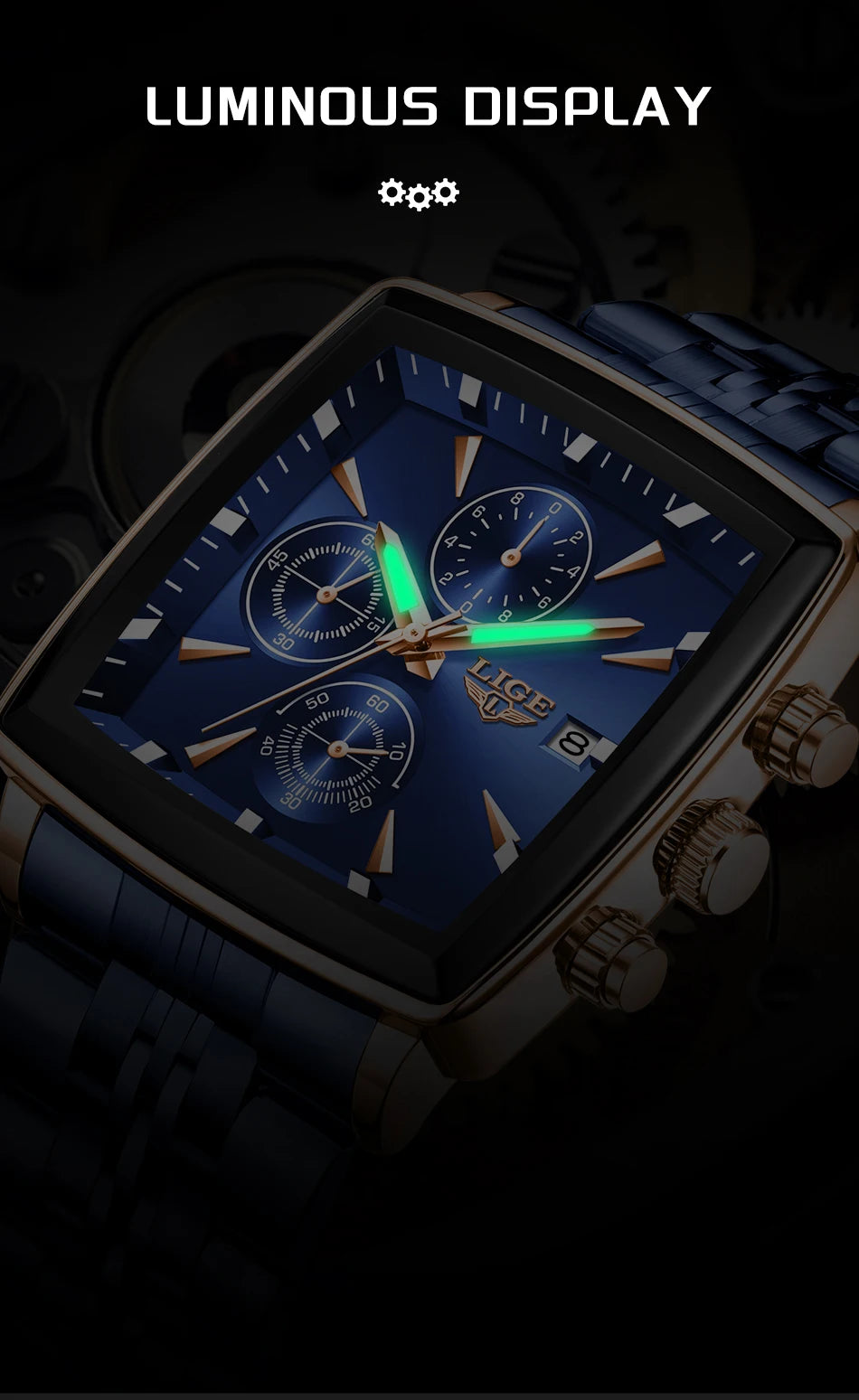 LIGE™ LG89208 – Relógio Masculino Esportivo Quadrado com Cronógrafo