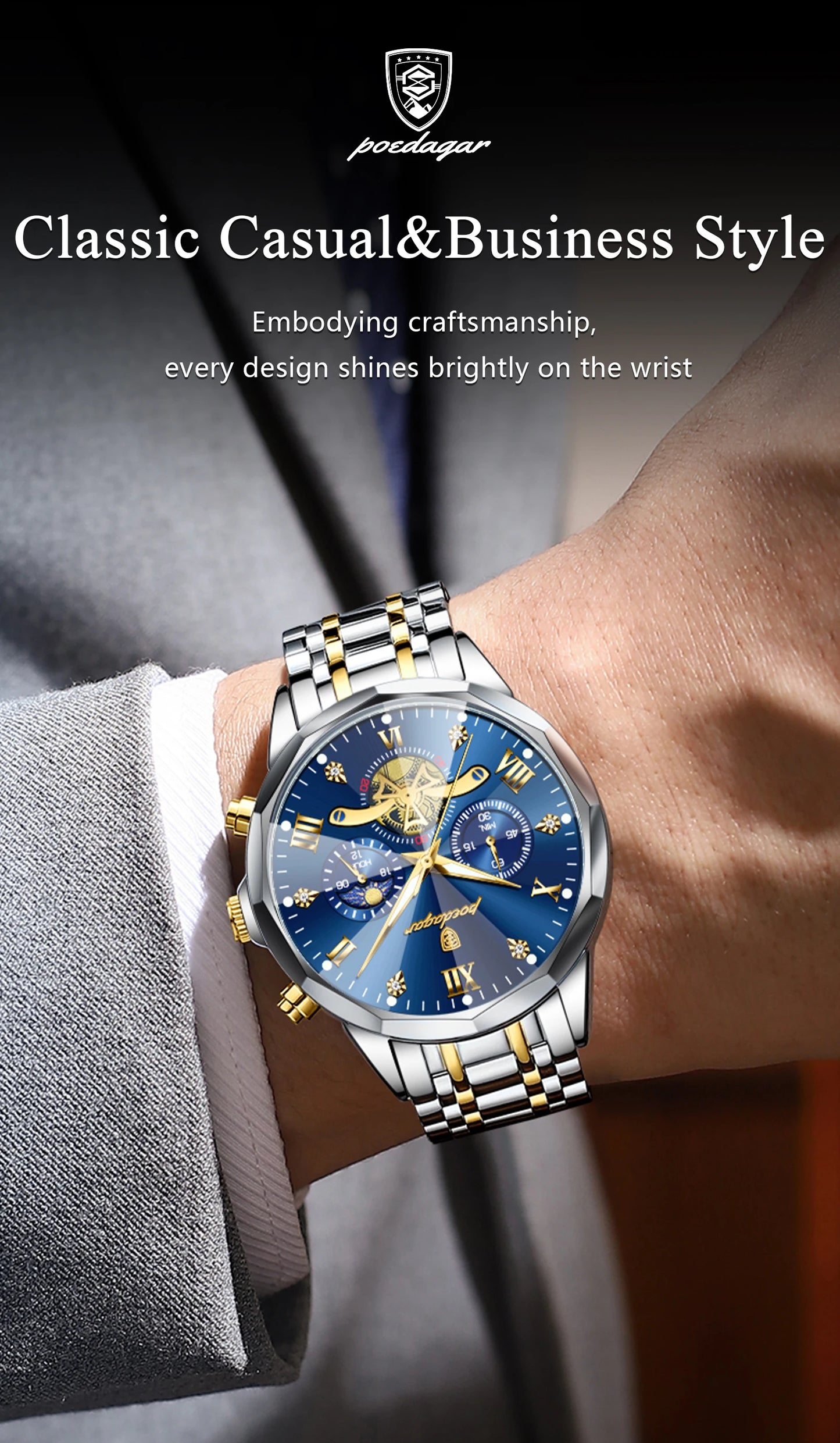POEDAGAR Relógio Masculino de Luxo – À Prova d’Água, Cronógrafo, Ponteiros Luminosos e Caixa em Aço Inoxidável