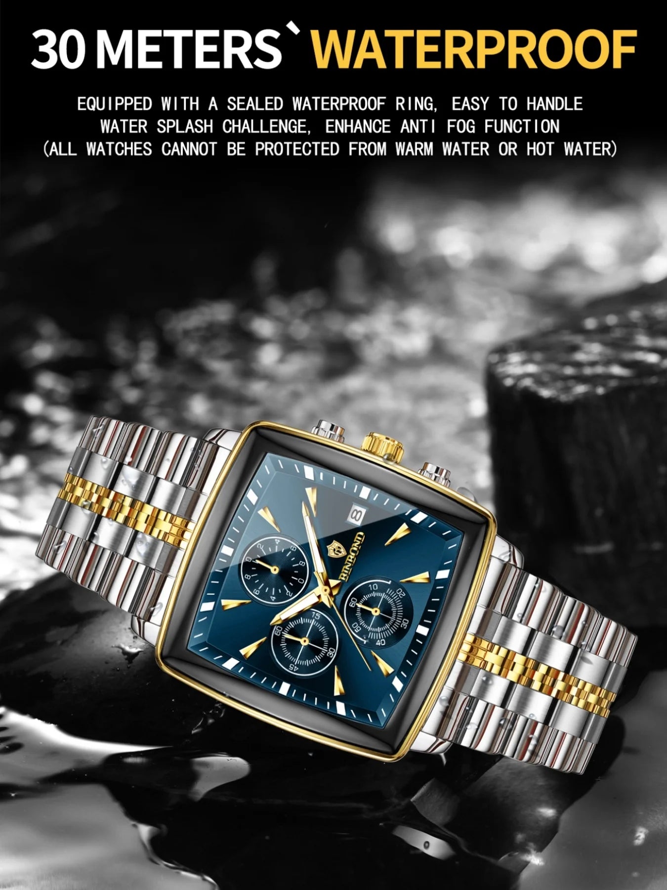 BINBOND™ B911 – Relógio Masculino de Luxo Quadrado em Aço Inoxidável