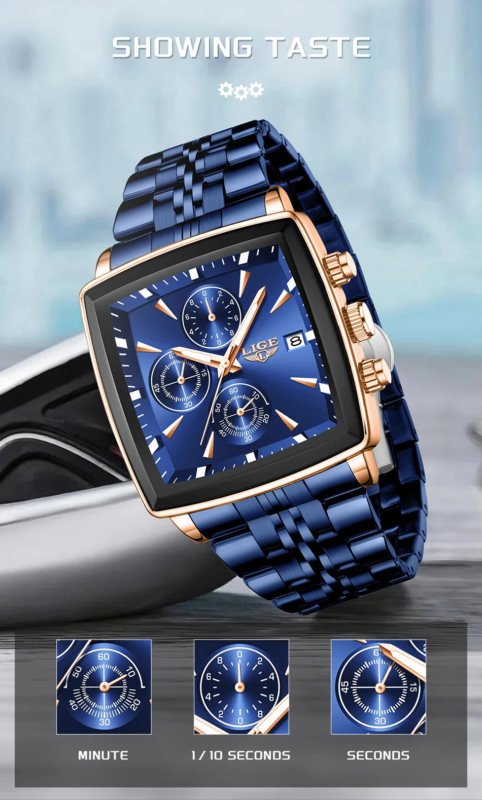 LIGE™ LG89208 – Relógio Masculino Esportivo Quadrado com Cronógrafo