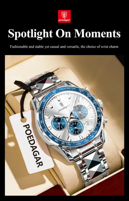 POEDAGAR™ 815-WH1 – Relógio Masculino de Luxo em Aço Inoxidável com Cronógrafo