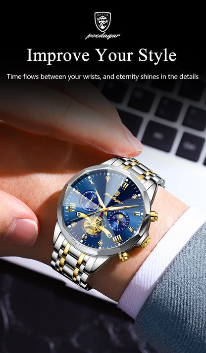 POEDAGAR Relógio Masculino de Luxo – À Prova d’Água, Cronógrafo, Ponteiros Luminosos e Caixa em Aço Inoxidável