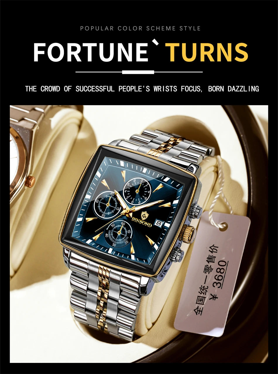 BINBOND™ – Relógio Masculino Esportivo de Luxo Quadrado com Cronógrafo