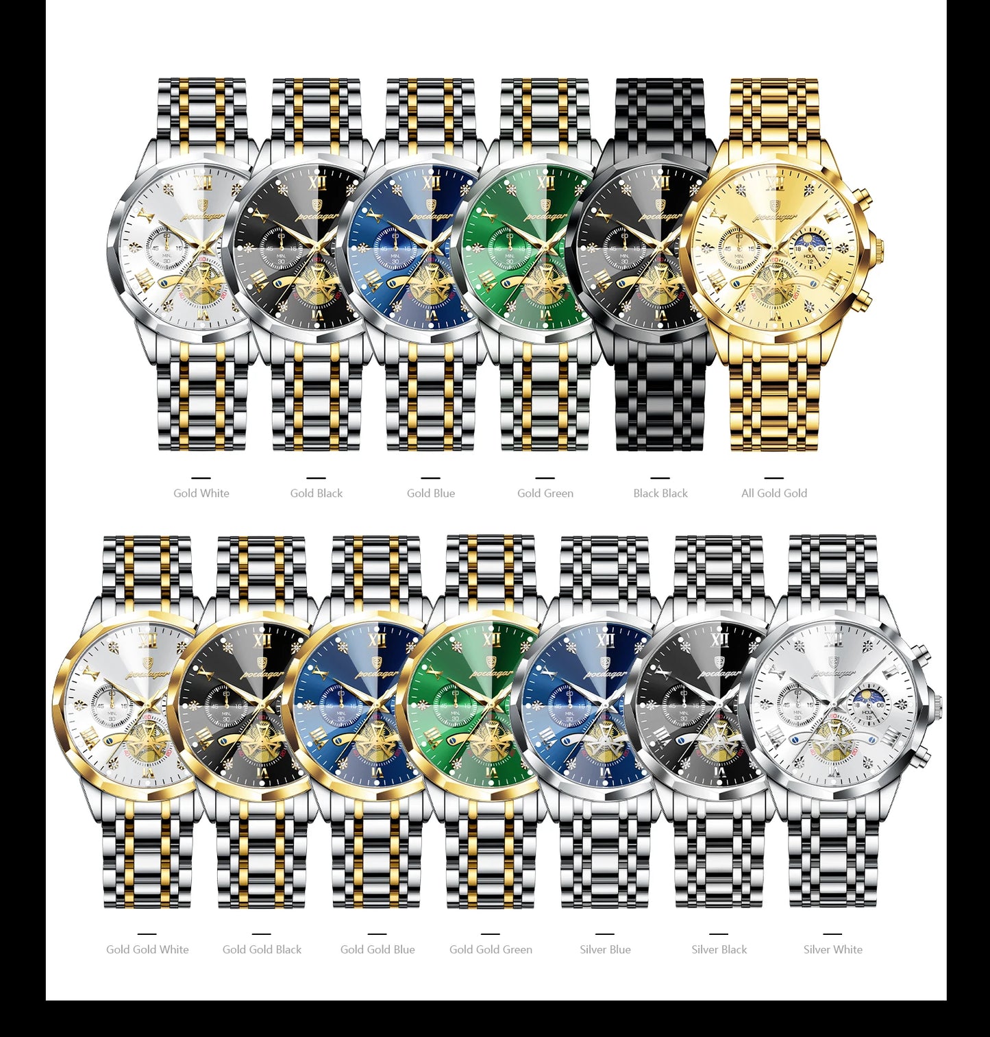 POEDAGAR Relógio Masculino de Luxo – À Prova d’Água, Cronógrafo, Ponteiros Luminosos e Caixa em Aço Inoxidável