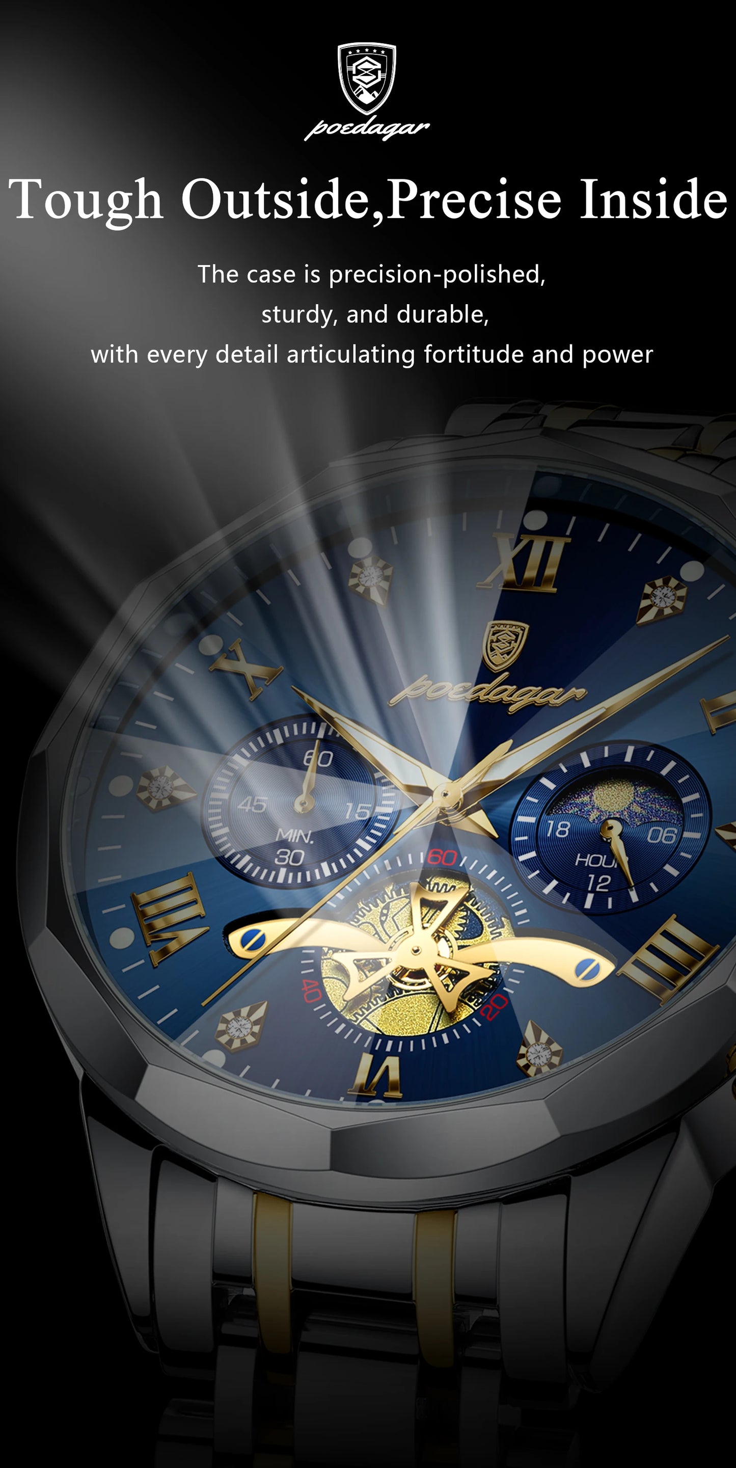 POEDAGAR Relógio Masculino de Luxo – À Prova d’Água, Cronógrafo, Ponteiros Luminosos e Caixa em Aço Inoxidável
