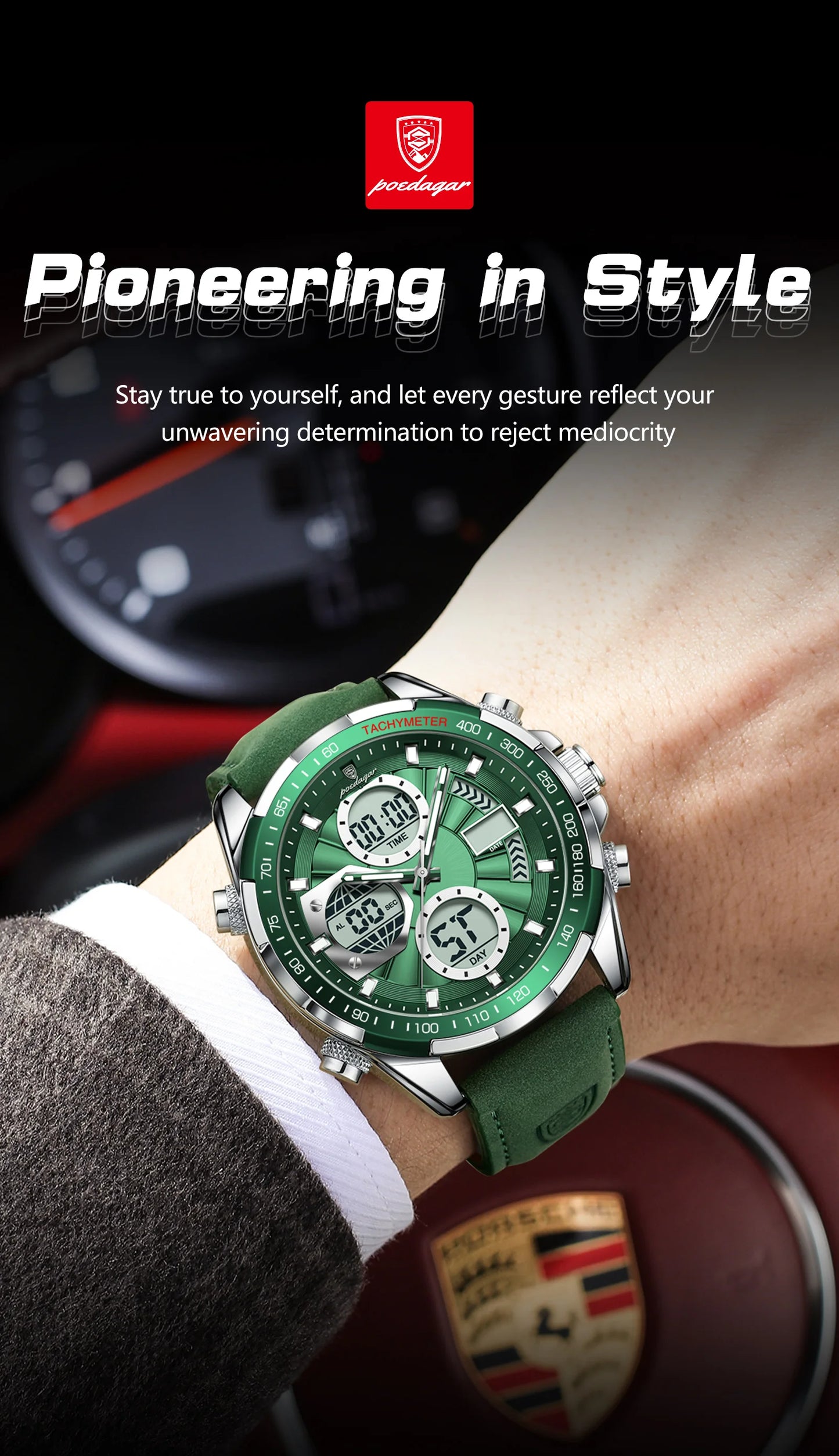 Relógio Masculino POEDAGAR Luxo Digital + Analógico LED - Coluna Dupla, Alarme, Data, Luminoso, Resistente à Água