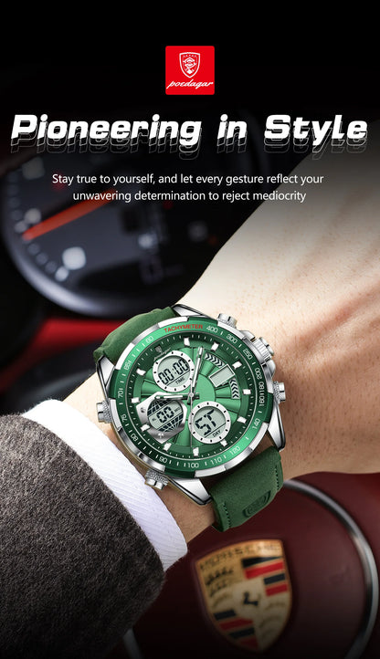 Relógio Masculino POEDAGAR Luxo Digital + Analógico LED - Coluna Dupla, Alarme, Data, Luminoso, Resistente à Água