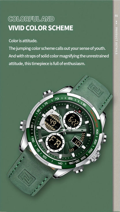 Relógio Masculino NAVIFORCE – Luxo esportivo, couro legítimo, resistente à água, cronógrafo e detalhes em verde.