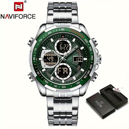 Relógio Masculino NAVIFORCE – Luxo esportivo, couro legítimo, resistente à água, cronógrafo e detalhes em verde.
