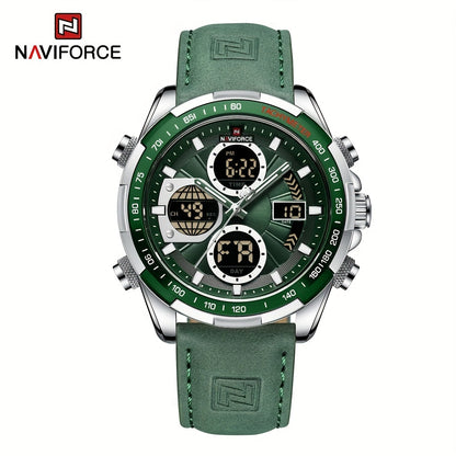 Relógio Masculino NAVIFORCE – Luxo esportivo, couro legítimo, resistente à água, cronógrafo e detalhes em verde.